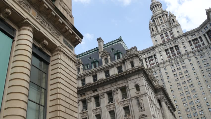 New York City Downtown Civic Center, United States of America. Manhattan municipal building 1914, old historic architecture. Government administration authority. Low angle view from Chambers street.