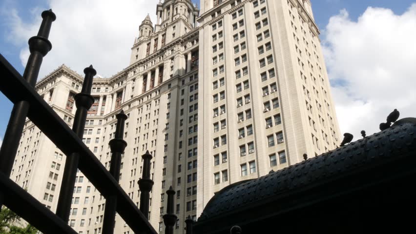 New York City Downtown Civic Center, United States of America. Manhattan municipal building 1914, old historic architecture. Government administration authority. Low angle view from Chambers street.