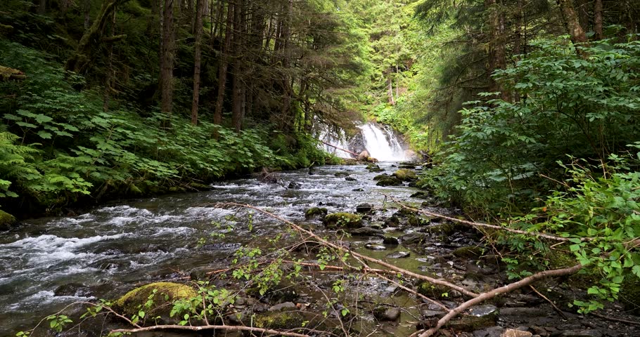 Gold Creek Waterfall, located in the Silver Bow Basin at the edge of Juneau, Alaska.