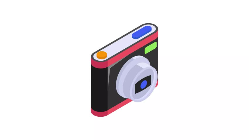 Photo camera with lens and button showing concept icon animation of photography in trendy isometric style