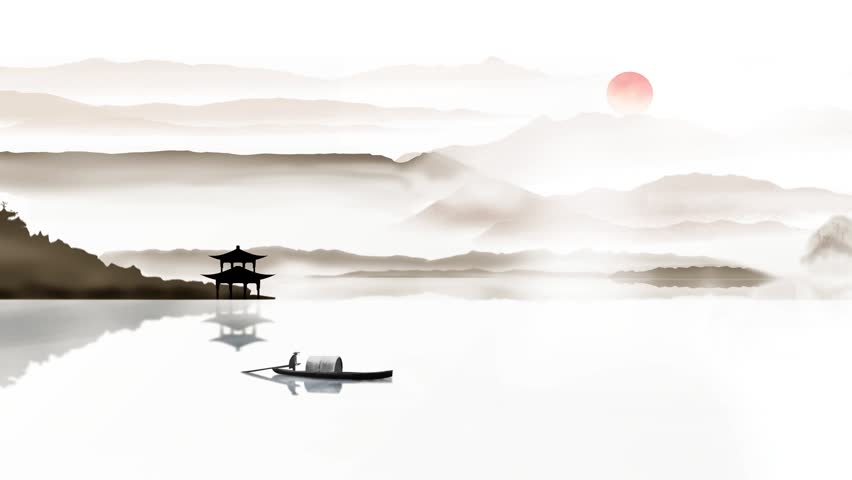 4K animated background of ink landscape with fishing boat and evening singing