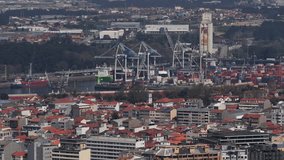 Aerial view of the bustling port with cranes, silos and stacks of colorful containers, amid a backdrop of city buildings, Matosinhos, Portugal. - Powered by Shutterstock - Get 15% off with code: PIKWIZARD15