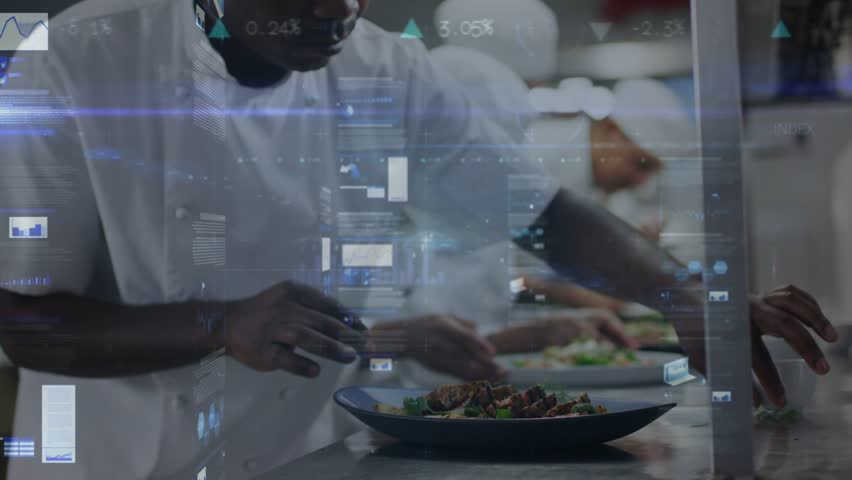 Mid-adult male chef plating on restaurant pass for service, animated charts overlaying pass growing. Kitchen, line, dish, teamwork, precision, analytics, graphs