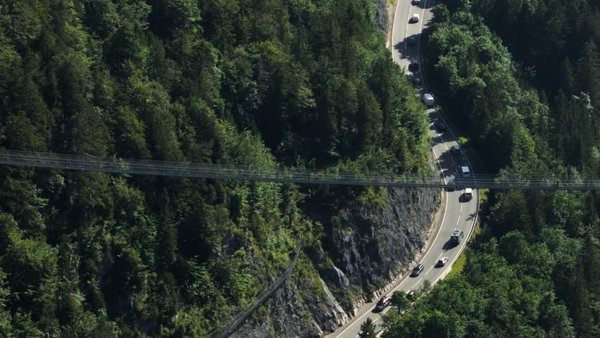 Aerial view of the Highline 179 bridge in Austria. Suspension bridge in the Alpine mountains, tourist attraction of traveling in Europe.