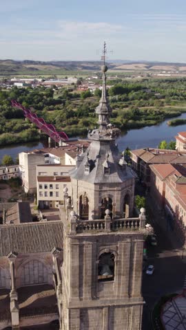 Vertical aerial shot capturing the Church of Santa Maria la Mayor in Talavera de la Reina, Spain.