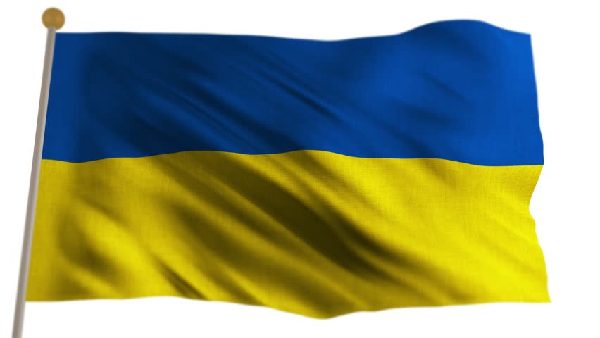 Seamless loop of the national flag of Ukraine, blue and yellow, waving on a white background. High quality 3D render animation representing freedom and independence.