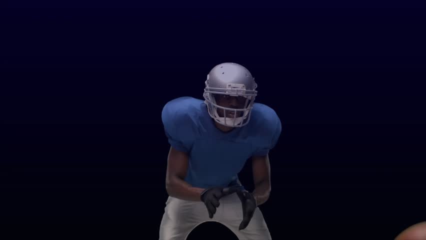 Blue player tracking ball right catching, securing for sports analysis red defender approaching HUD. Football, receiver, helmet, gloves, holographic, neon, studio