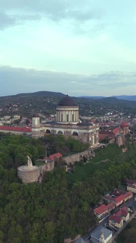 Renovated Esztergom Basilica, Esztergomi Bazilika in Esztergom Hungary, iconic hilltop cathedral and major historic landmark.
