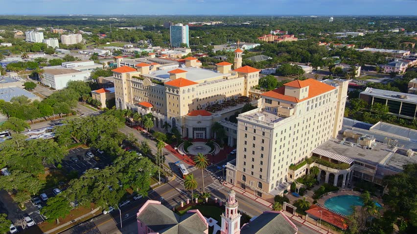 Church of Scientology Flag Service Organization, Clearwater, Florida in aerial view during golden hour sunlight