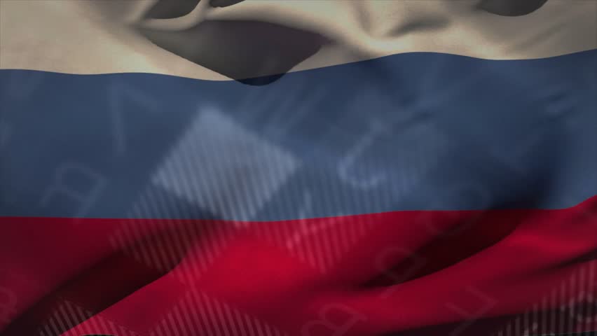 Tricolour flag waving by virtual gust, rippling, overlay sliding and showing data glyphs. Banner, triband, digital, worldmap, digits, icons, folds
