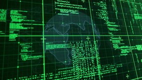 Vertical video: Booting HUD showing wireframe globe rotating with grid, code streams monitoring. Earth, cyber, neon, matrix, interface, visualization, dashboard - Powered by Shutterstock - Get 15% off with code: PIKWIZARD15