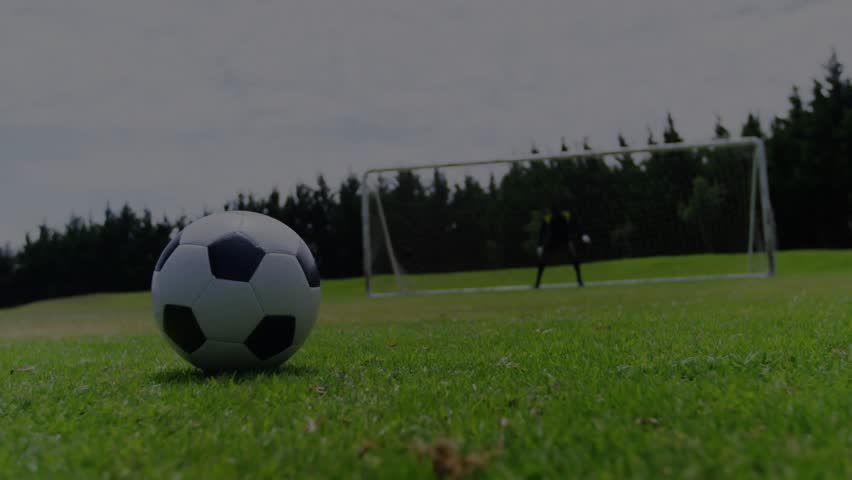 Striker approaching ball, striking to score, GK diving, ball in net, sports HUD overlaying players. Soccer, goalkeeper, pitch, grass, lowangle, outdoor, jersey