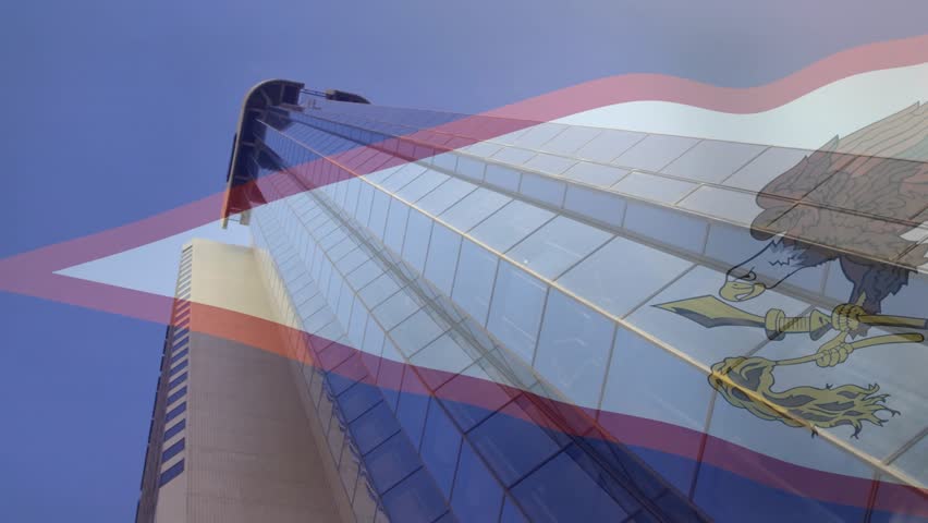 Glass tower staying framed while translucent flag drifting after gust, showing eagle emblem. Skyscraper, curtainwall, reflective, doubleexposure, triangular, urban, skyline