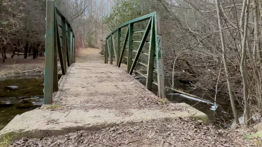 Captured with Action mode on iPhone by a creator living with Parkinson’s. Walking across a narrow green metal bridge over a flowing creek.