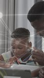 Vertical video: Father guiding child, pointing stylus and activating network charts for homework. Learning, collaboration, guidance, tablet, study, desk, vertical video - Powered by Shutterstock - Get 15% off with code: PIKWIZARD15
