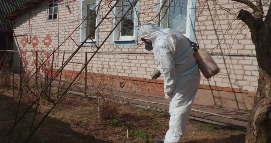 Pest control specialist in a full protective hazmat suit spraying chemicals on garden bushes to protect them from insects and diseases during the early spring season in a residential backyard.