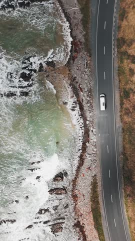 Vertical drone shot of a camper van driving along ocean in Molyneux Bay near Kaka Point in Otago Region from above, New Zealand