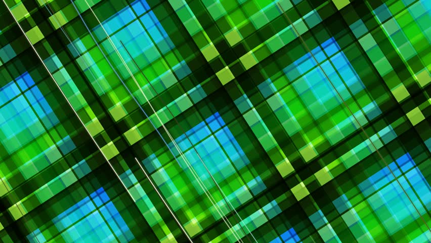 A dynamic abstract background featuring a green and blue plaid pattern with intersecting lines and squares.