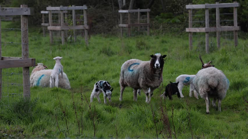 a flock of domestic sheep with lambs