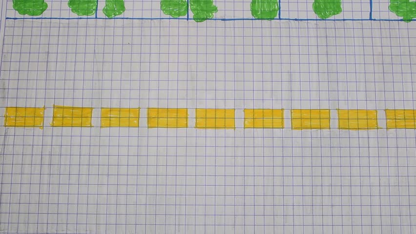 A closeup of two yellow toy cars passing by a street drawn on paper