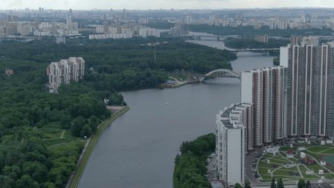 Aerial Flight over Moscow Canal and Railway Bridge