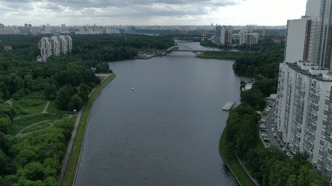 Aerial View of Moscow Canal and Mayak Residential Complex with Railway Bridge