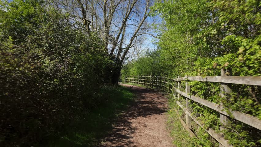 Peterborough, England, UK - 2026 04 14: Taking a walk through the forest trail in the Beebys Lake West nature reserve in spring with the trees in bloom and birdsong