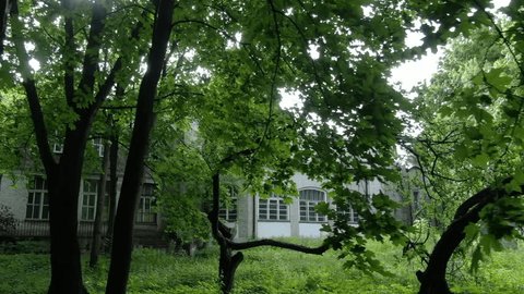 Drone Flying Low Sideways Past Trees Building