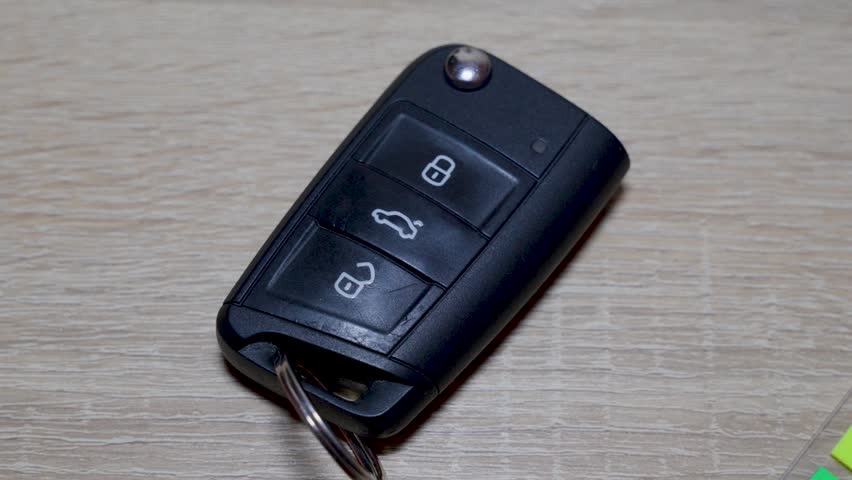 Car remote key fob placed on wooden desk surface. Close-up automotive accessory shot with modern vehicle control concept.