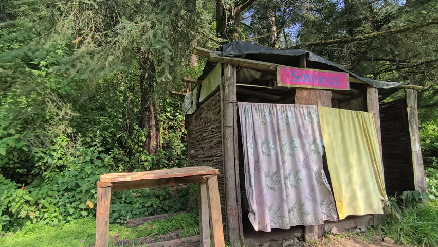 small cabin containing two outdoor bathrooms within a forest on the outskirts of the city