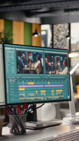 Vertical Video Video editing project, studio workspace, no people, visual effects panels, montage adjustments on software for cinematic media production in cinematography. Movie post production.