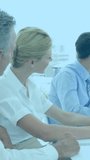Collaborating in office, business team analyzing digital data with animation overlay. Teamwork, collaboration, brainstorming, innovation, strategy, technology - Powered by Shutterstock - Get 15% off with code: PIKWIZARD15