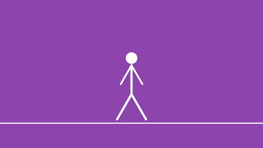 A simple animation of a white stick figure walking across a purple background with floating lines. Minimalist and clean design.