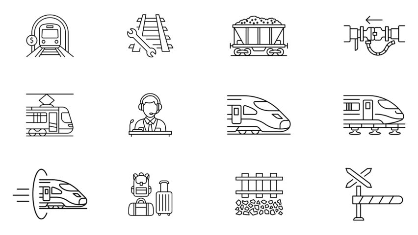 Railway and Metro Transport Animated Line Icon Set on White Background