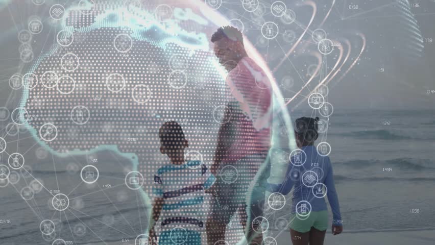 Man stepping forward, guiding two children along shore for safety, tech globe overlaying them. Dad, kids, family, lifestyle, stock, advertising, campaign