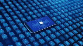 Human Hand click on Smartphone Digital Processor Chip Connecting to File Storage Grid. Mobile computing concept. phone visible CPU circuit processing data from grid file icons. Mobile. 3D Illustration - Powered by Shutterstock - Get 15% off with code: PIKWIZARD15