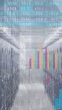 Vertical video: Data center aisle receiving telemetry, overlaying bars, histogram, pie and table. Serverroom, racks, cabling, charts, realtime, visualization, vertical video - Powered by Shutterstock - Get 15% off with code: PIKWIZARD15