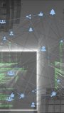 Vertical video: Light turning on, AR overlay forming on hall, icons linking, visualizing network. Futuristic, holographic, corridor, neon, connectivity, visualization, vertical video - Powered by Shutterstock - Get 15% off with code: PIKWIZARD15