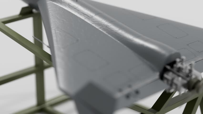 A single gray delta-wing combat drone sits mounted on rack.
