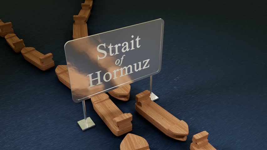 stylized map highlights the Strait of Hormuz with a red location marker above.