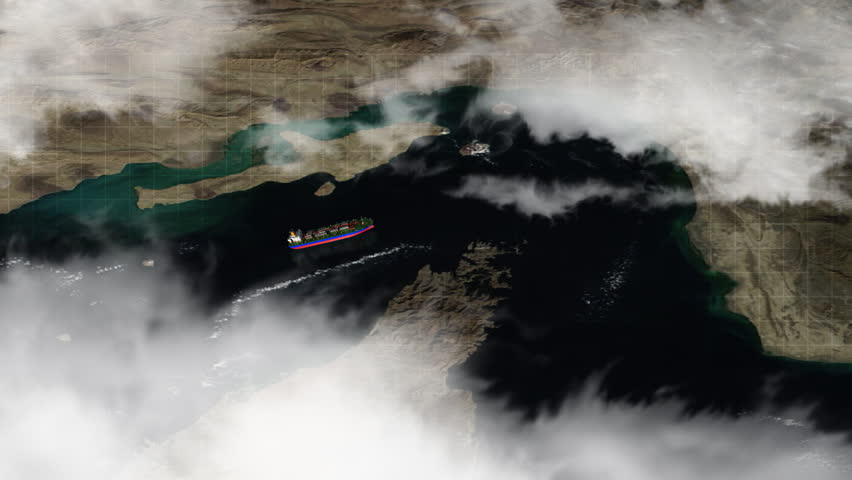 Oil tanker sailing through Strait of Hormuz with digital navigation lines and satellite map overlay, representing global energy transport, maritime logistics, and strategic shipping routes.