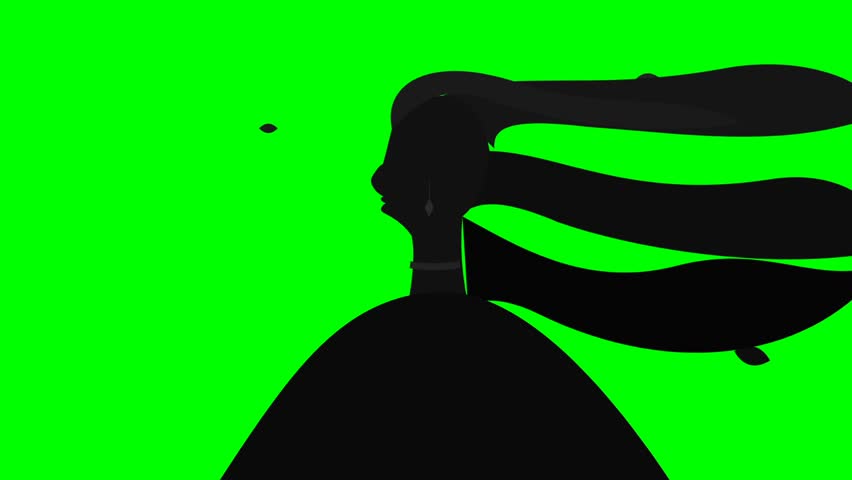 Silhouette of a woman with long hair blowing in wind against green screen
