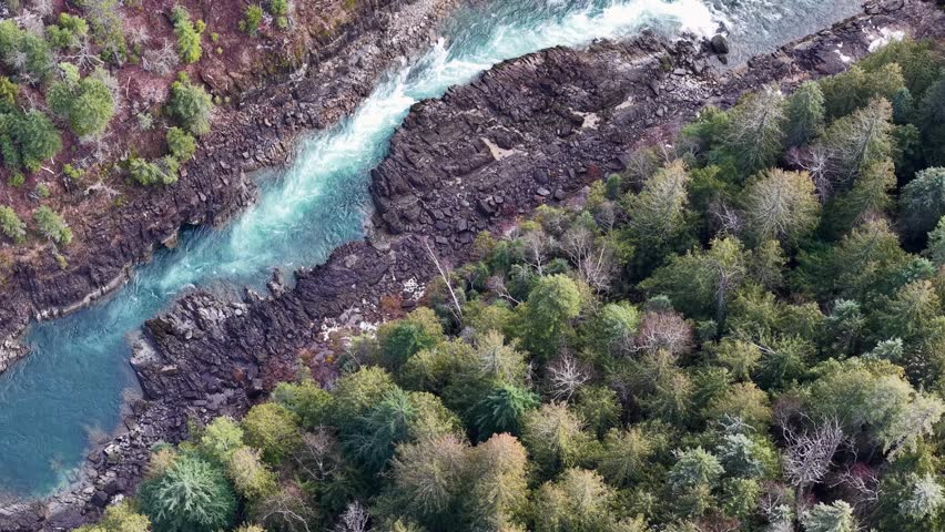 Drone footage of a turquoise river rushing through a rocky gorge lined with evergreen trees near Glacier National Park in Montana