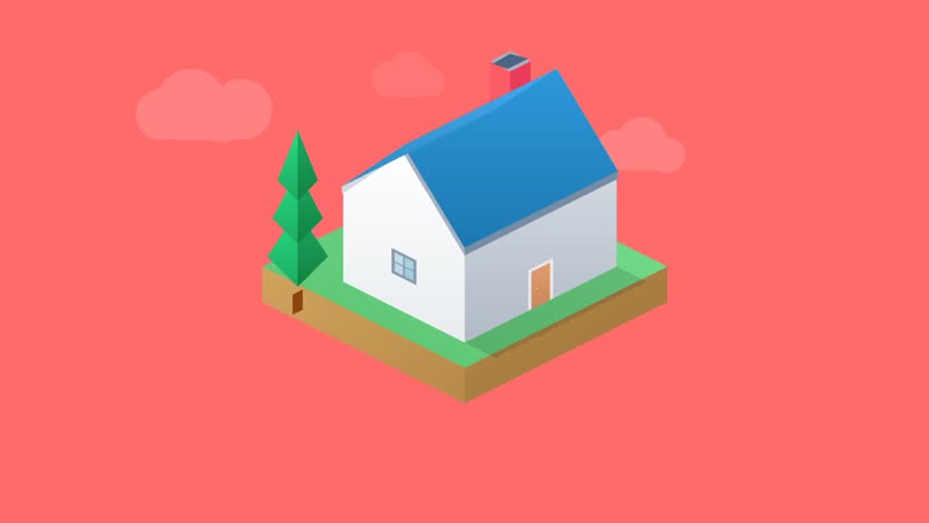Isometric 3D animation of a house appearing with fence and garden trees