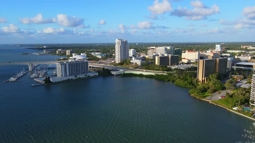 Downtown Clearwater, Florida, USA with Clearwater Memorial Causeway in aerial view