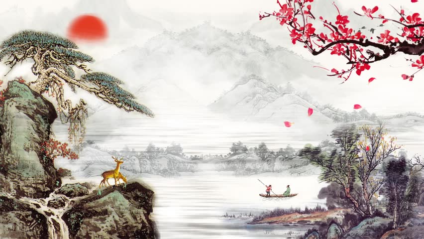 Chinese style landscape and floral illustration video footage