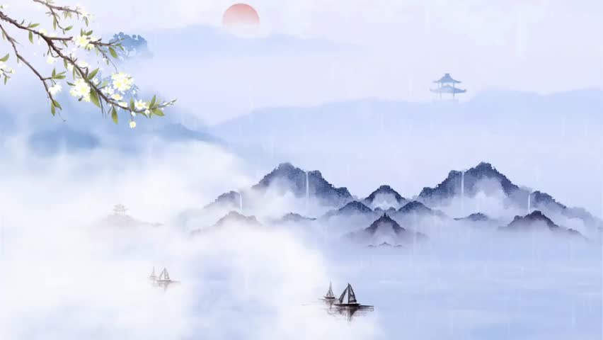 Chinese style landscape and floral illustration video footage