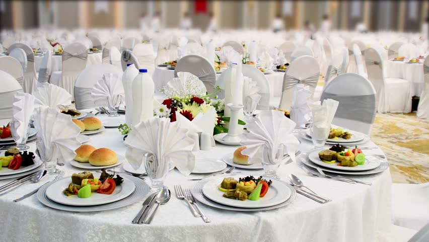 Luxury Banquet Table Setting with Food and Decoration.