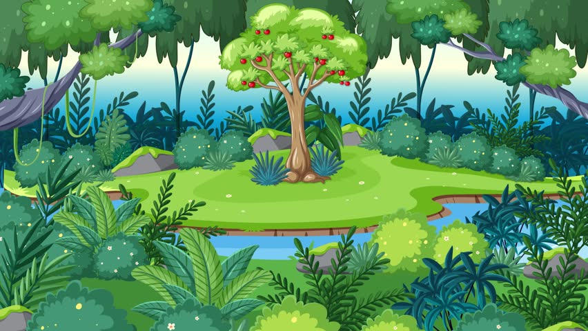 Lush green forest scene, flowing stream, animated particles.