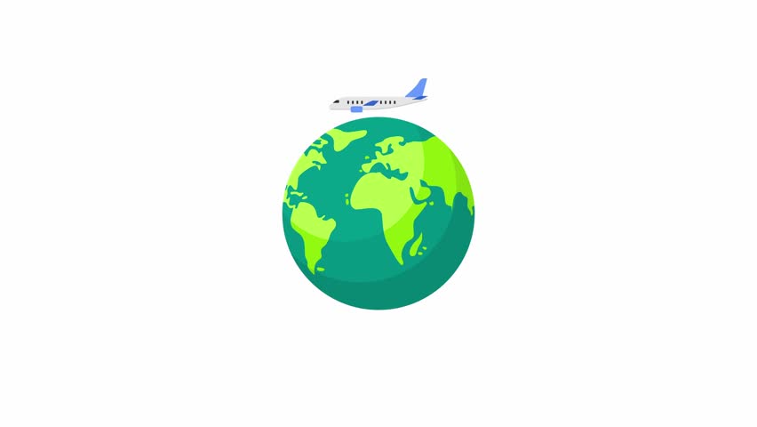 Airplane flying around the world animation. World travel concept